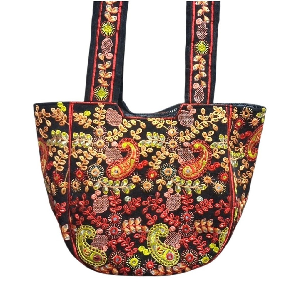 Handmade Embroidered Tote Bag Womens Large Black Excellent Paisley Boho Sequin